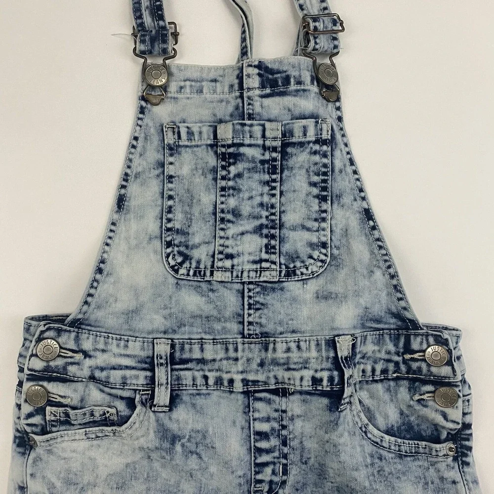 Justice Girls Shortalls Overalls Shorts Sz 12 Denim Blue Jean Acid Wash Stretch